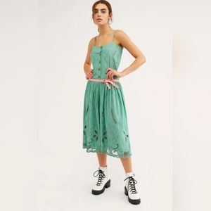 Free People Georgie Embroidered Aqua Strappy Midi Dress S NWT